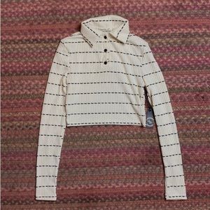 LIBERTY LOVE STRIPED LONG SLEEVE CROP HENLEY COLLARED SHIRT